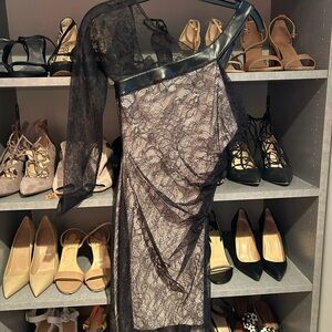 YoungLA Black Lace One Shoulder Asymmetrical Ruched Sheath Dress